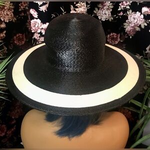 Vintage Glossy Black White Stripe Wide Brim Hat